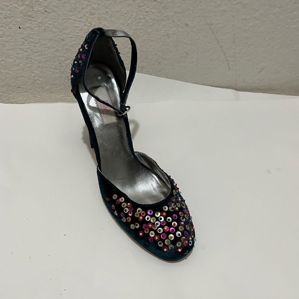 JLO by Jennifer Lopez Green Velvet & Sequin Ankle Strap Sandal Heels Sz 7